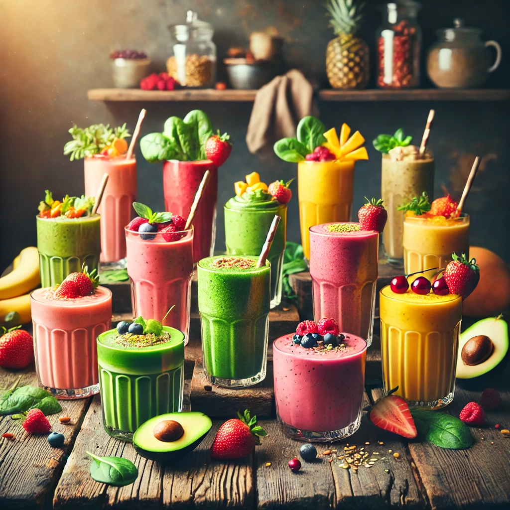 DALL·E-2024-12-12-17.40.52-A-visually-captivating-image-of-a-variety-of-colorful-smoothie-drinks-elegantly-arranged-on-a-rustic-wooden-table.-Each-smoothie-is-in-a-clear-glass.webp